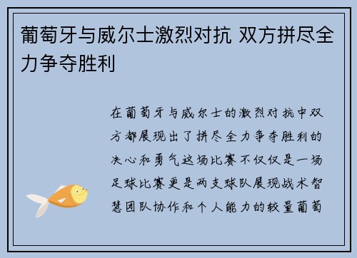 葡萄牙与威尔士激烈对抗 双方拼尽全力争夺胜利