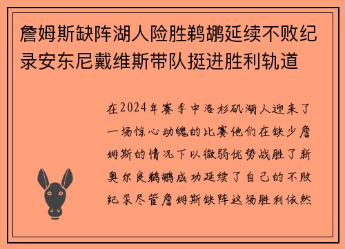 詹姆斯缺阵湖人险胜鹈鹕延续不败纪录安东尼戴维斯带队挺进胜利轨道