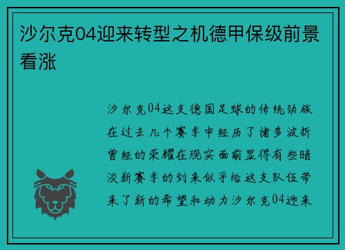 沙尔克04迎来转型之机德甲保级前景看涨