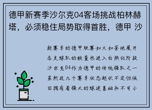 德甲新赛季沙尔克04客场挑战柏林赫塔，必须稳住局势取得首胜，德甲 沙尔克