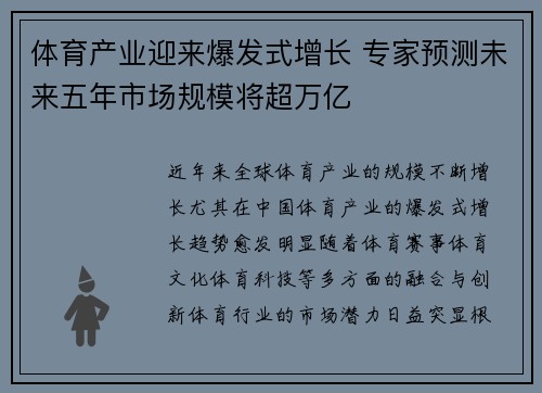 体育产业迎来爆发式增长 专家预测未来五年市场规模将超万亿