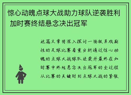 惊心动魄点球大战助力球队逆袭胜利 加时赛终结悬念决出冠军
