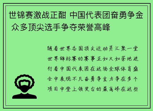 世锦赛激战正酣 中国代表团奋勇争金 众多顶尖选手争夺荣誉高峰