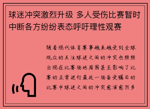 球迷冲突激烈升级 多人受伤比赛暂时中断各方纷纷表态呼吁理性观赛