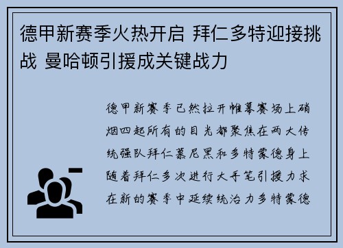 德甲新赛季火热开启 拜仁多特迎接挑战 曼哈顿引援成关键战力