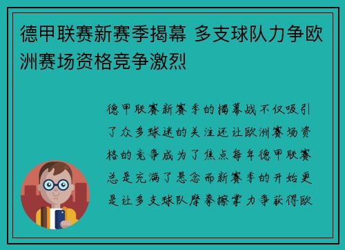 德甲联赛新赛季揭幕 多支球队力争欧洲赛场资格竞争激烈